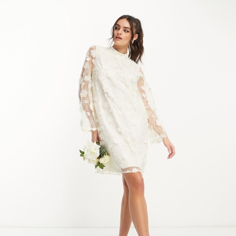NWT Y.A.S Bridal White 3D Floral Appliqué Mini Dress UK 8